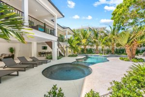 The backyard pool area of an Anna Maria Island rental to stay at when attending Pirates spring training.